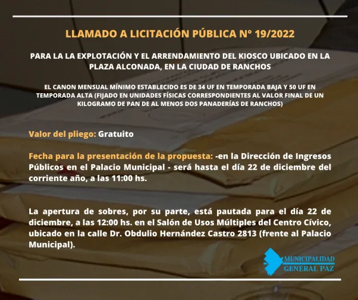 RanchosLicitación: Explotación del kiosco de Plaza Alconada