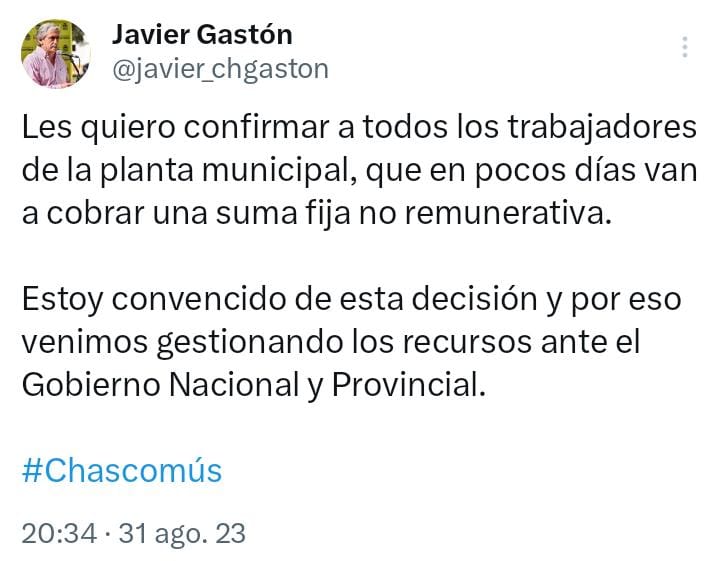 EXPECTATIVA POR EL MONTO QUE SE OTORGARAJavier Gastón confirmó que en Chascomús se pagará un bono extra a los trabajadores municipales